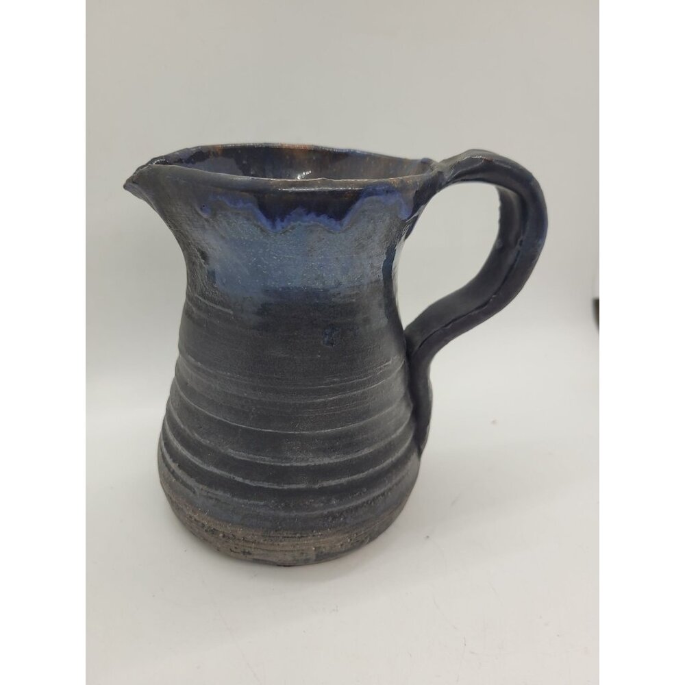 VTG Handcrafted Ceramic Pottery Pitcher Signed J Foltz Blue Black Glaze 5.5"